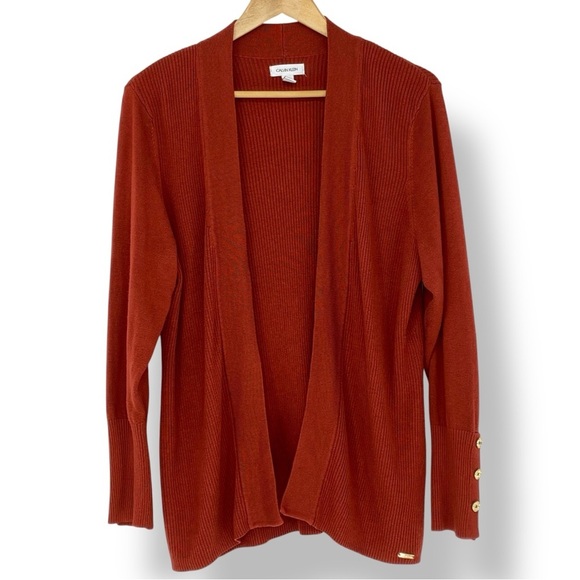 Calvin Klein RUST open front cardigan gold button detail on sleeves sz large - Picture 1 of 11
